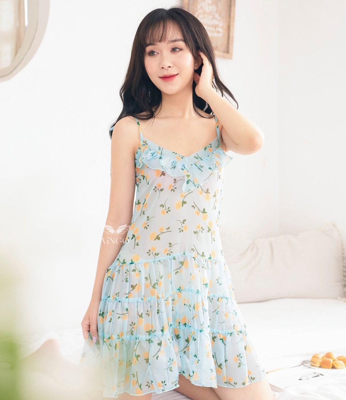 Váy ngủ hoạ tiết hoa nhí hai dây  có tay  Shopee Việt Nam