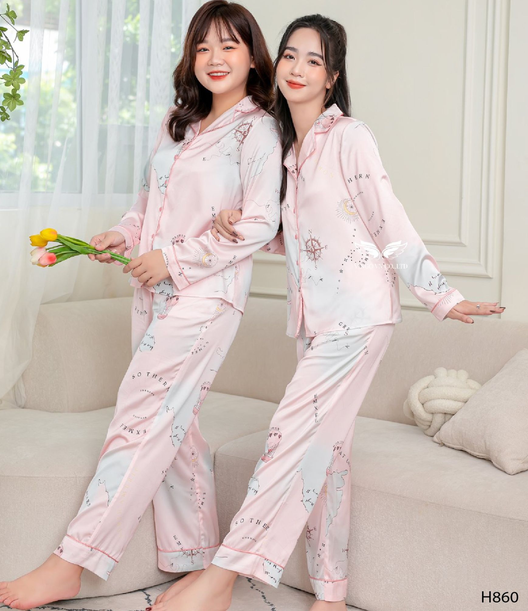 Đồ ngủ nữ pijama lụa tay dài quần dài H860