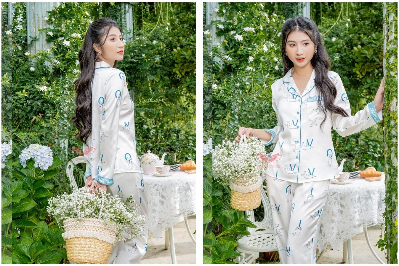 Pijama lua phap hoa tiet gau xanh H919