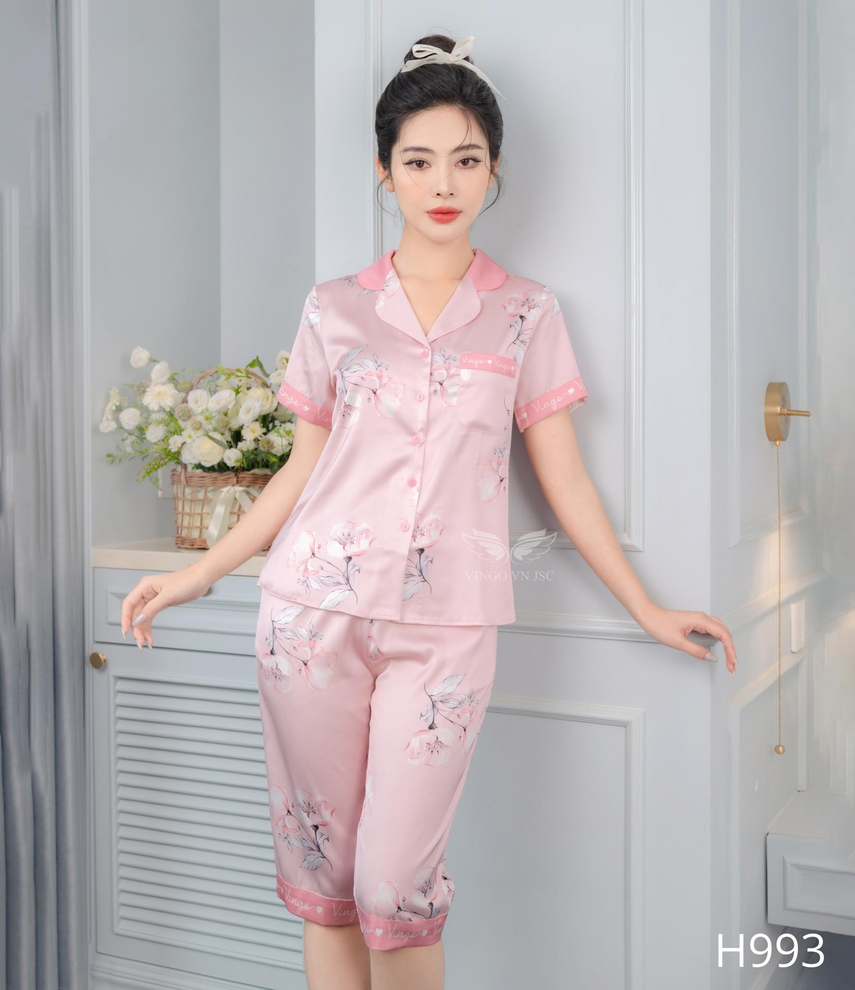 Đồ ngủ nữ pijama lụa tay cộc quần dài họa tiết hoa hồng H993