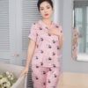 Đồ ngủ nữ pijama lụa tay cộc quần dài họa tiết con mèo trắng đen H969