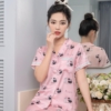 Đồ ngủ nữ pijama lụa tay cộc quần dài họa tiết con mèo trắng đen H969