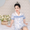 Đồ ngủ nữ pijama lụa mặc nhà tay cộc quần cộc họa tiết hoa phù dung H1001